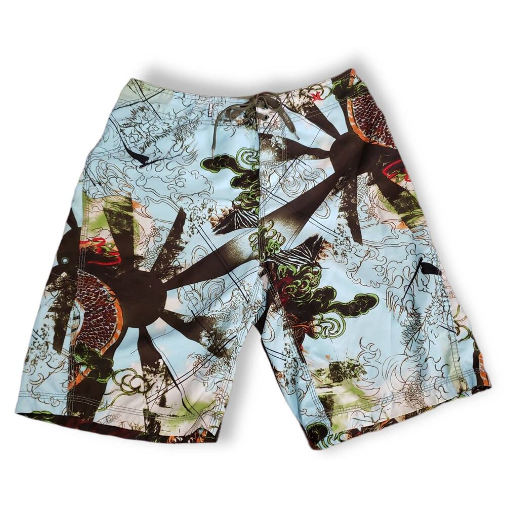 Hurley Blue & Brown Dragon Design String Tie Board Shorts - Swimming Trunks